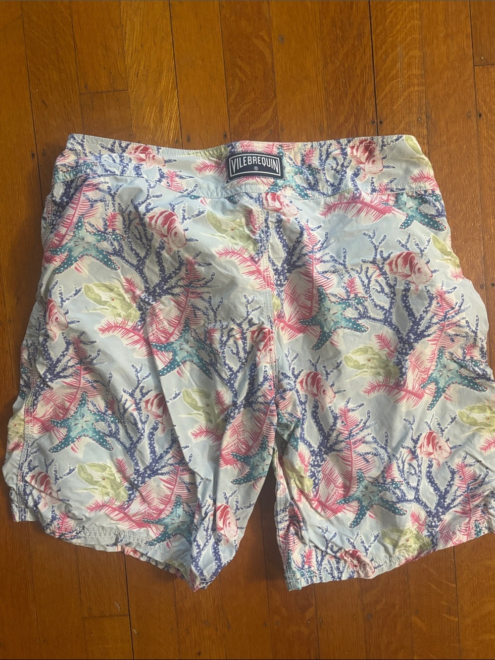 Vilebrequin Men's Coral Reef Print Swim Shorts - Light Blue with Pink & Green